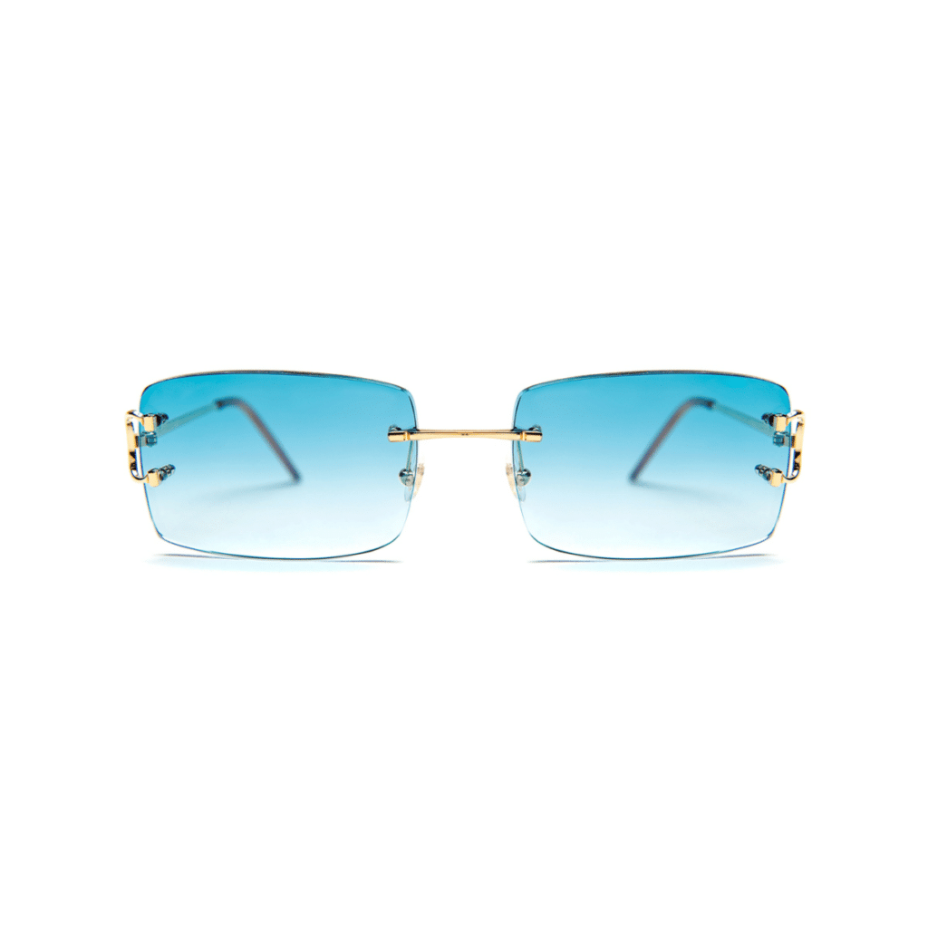 Mens Rimless Rectangle Gold Frame Blue Turquoise Gradient Tint 